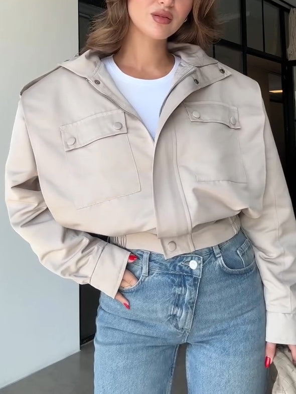 Women Lapel Solid Color Short Casual Jacket