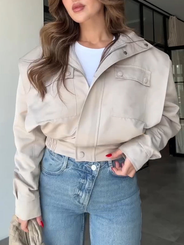 Women Lapel Solid Color Short Casual Jacket