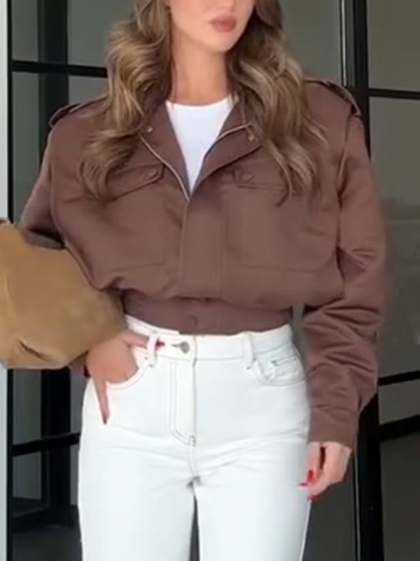Women Lapel Solid Color Short Casual Jacket