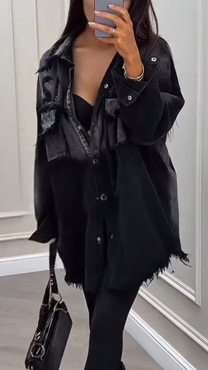 Women Lapel Splicing Printed Wash Water Casual Jacket