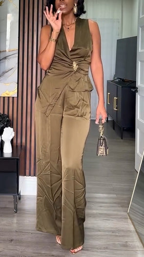 Women V-neck Pleated Irregular Top + Pants Casual Suit
