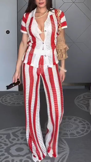 Women Lapel Hollow Contrast Color Casual Suit