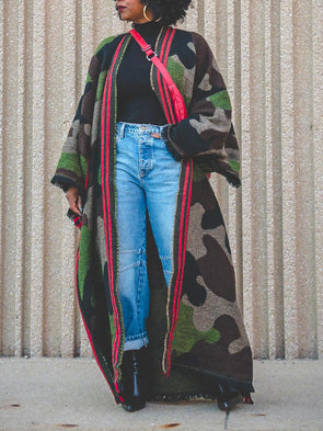 Casual Camo Print Fringe Hem Cardigan