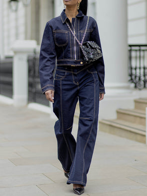 Casual Short Denim Jacket + Wide Leg Jeans Suit