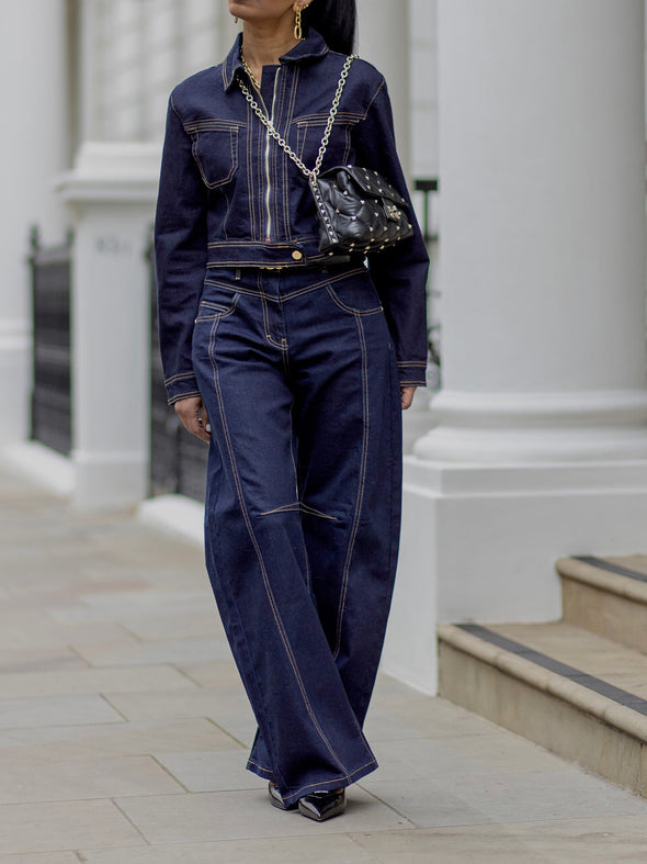 Casual Short Denim Jacket + Wide Leg Jeans Suit