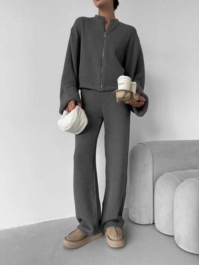 Women Zipper Cardigan + Pants Casual Set