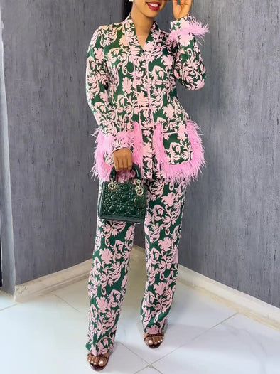 Elegant Leaf Print Feather Accent Blazer + Tailored Pants Suit