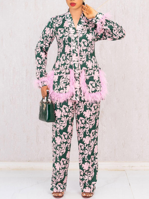 Elegant Leaf Print Feather Accent Blazer + Tailored Pants Suit