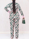 Elegant Leaf Print Feather Accent Blazer + Tailored Pants Suit