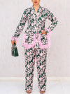 Elegant Leaf Print Feather Accent Blazer + Tailored Pants Suit
