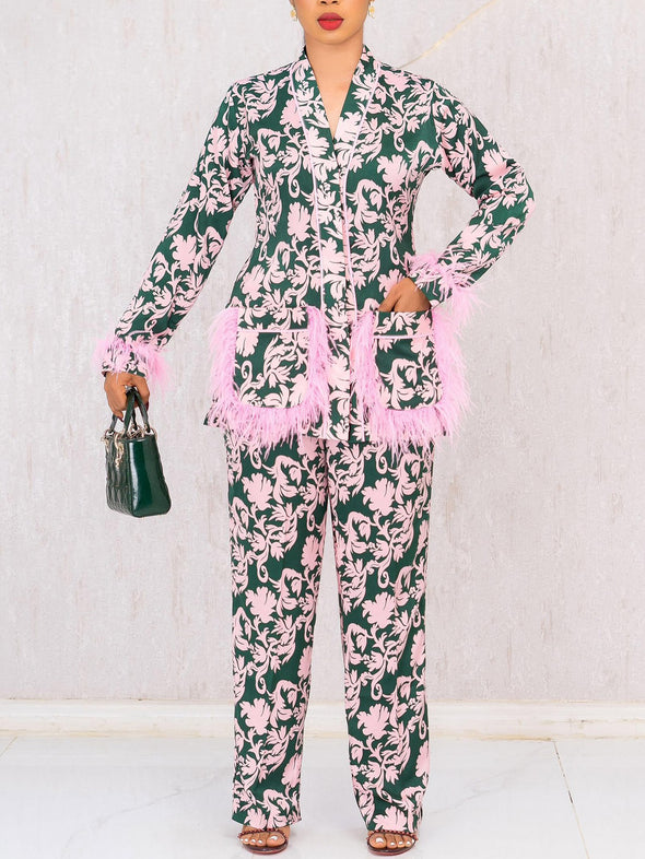 Elegant Leaf Print Feather Accent Blazer + Tailored Pants Suit