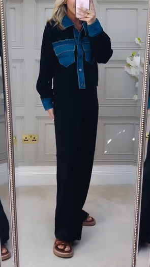 Women Lapel Splicing Denim Casual Suit