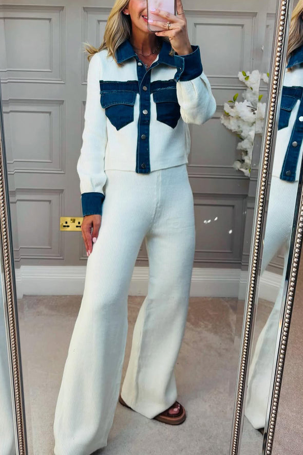 Women Lapel Splicing Denim Casual Suit