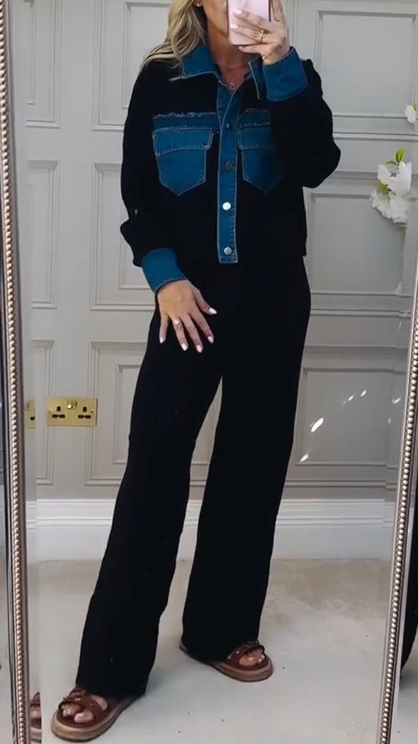 Women Lapel Splicing Denim Casual Suit