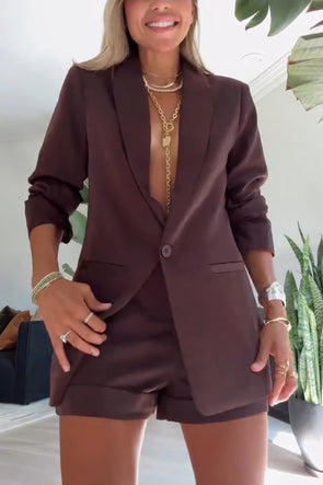 Womens Lapel Jacket + Shorts Solid Color Casual Set