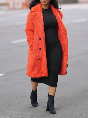 Fashion Notched Collar Faux Fur Mid Coat