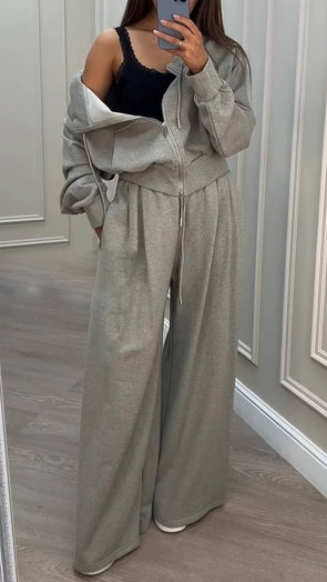 Women Drawstring Zipper Jacket + Pants Solid Color Casual Set