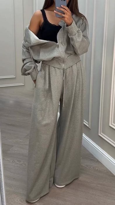 Women Drawstring Zipper Jacket + Pants Solid Color Casual Set