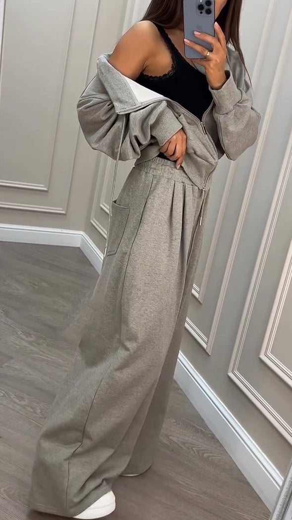 Women Drawstring Zipper Jacket + Pants Solid Color Casual Set