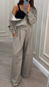 Women Drawstring Zipper Jacket + Pants Solid Color Casual Set