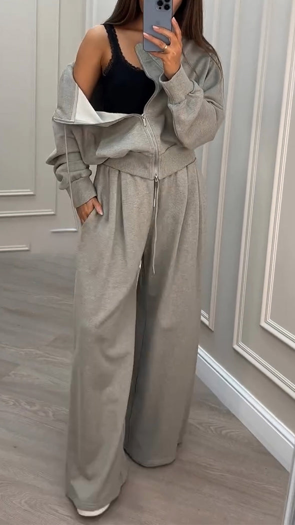 Women Drawstring Zipper Jacket + Pants Solid Color Casual Set
