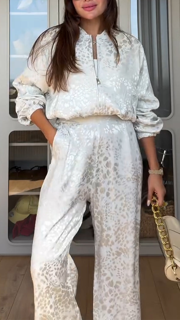 Womens Round Neck Printed Zipper Jacket + Pants Casual Suit