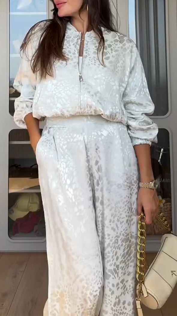 Womens Round Neck Printed Zipper Jacket + Pants Casual Suit