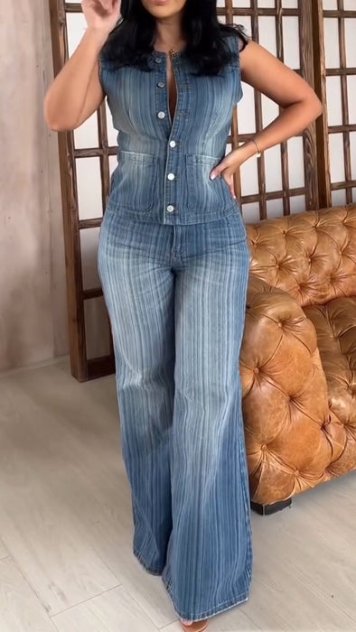 Women Round Neck Breasted Top + Pants Wash Water Casual Set