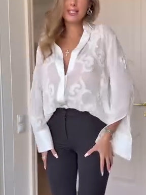 Women Lapel Print Casual Shirt
