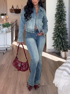 Casual Acid Wash Zip Front Denim Jackets