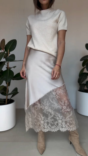 Womens Round Neck Knitted Top + Spliced printed Skirt Casual Suit