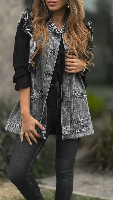 Women Round Neck Lace Sleeve Spliced casual Denim Vest