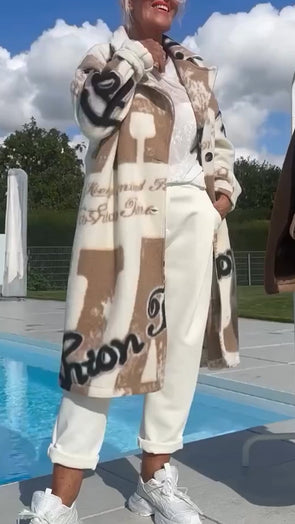 Women Lapel Print Casual Coat