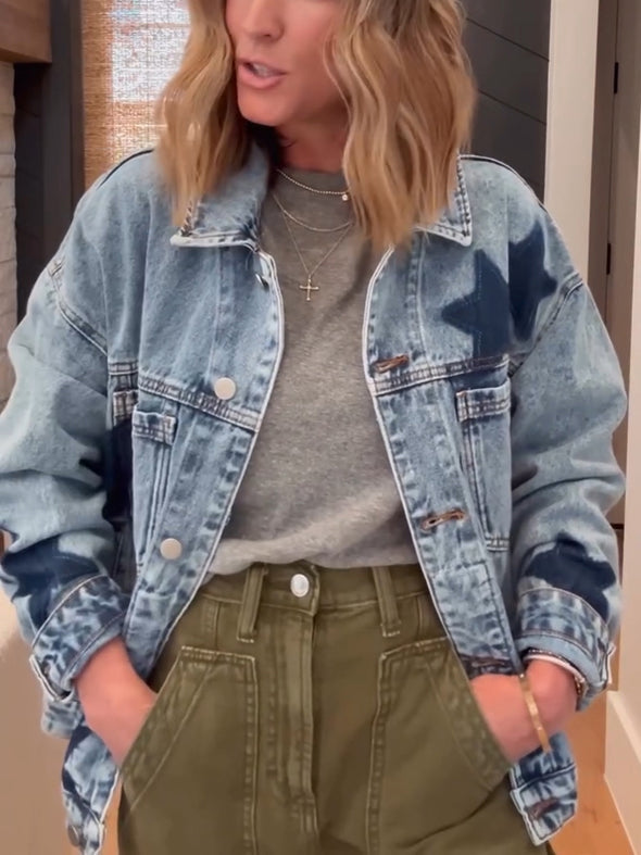 Women Lapel Star Print Casual Denim Jacket