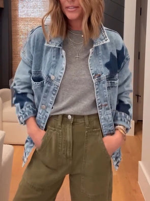 Women Lapel Star Print Casual Denim Jacket