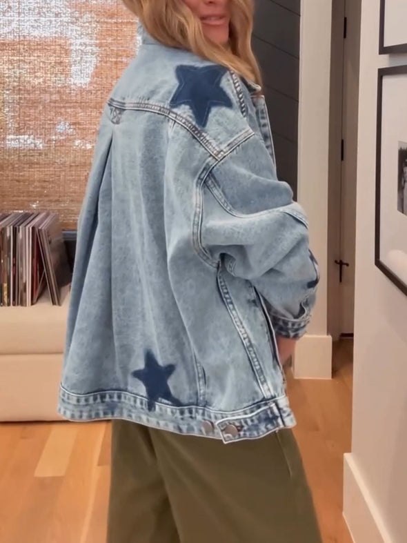 Women Lapel Star Print Casual Denim Jacket