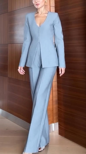 Womens V-neck Button-down Top + Pants Solid Color Temperament Casual Suit