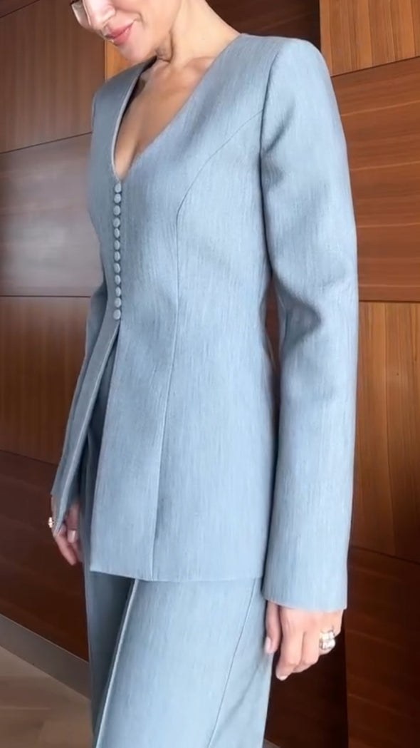 Womens V-neck Button-down Top + Pants Solid Color Temperament Casual Suit