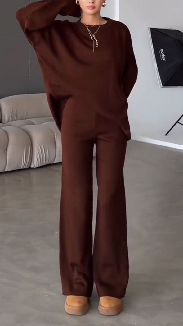 Womens Round Neck Solid Color Casual Suit
