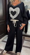 Women V-neck Heart-printed Hollow Casual Suit