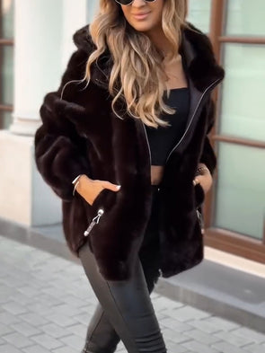 Womens Lapel Plush Zipper Casual Coat