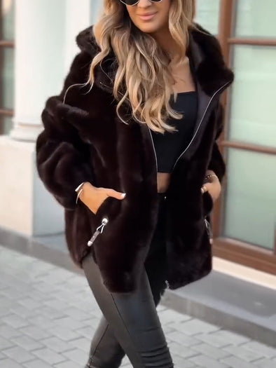 Womens Lapel Plush Zipper Casual Coat