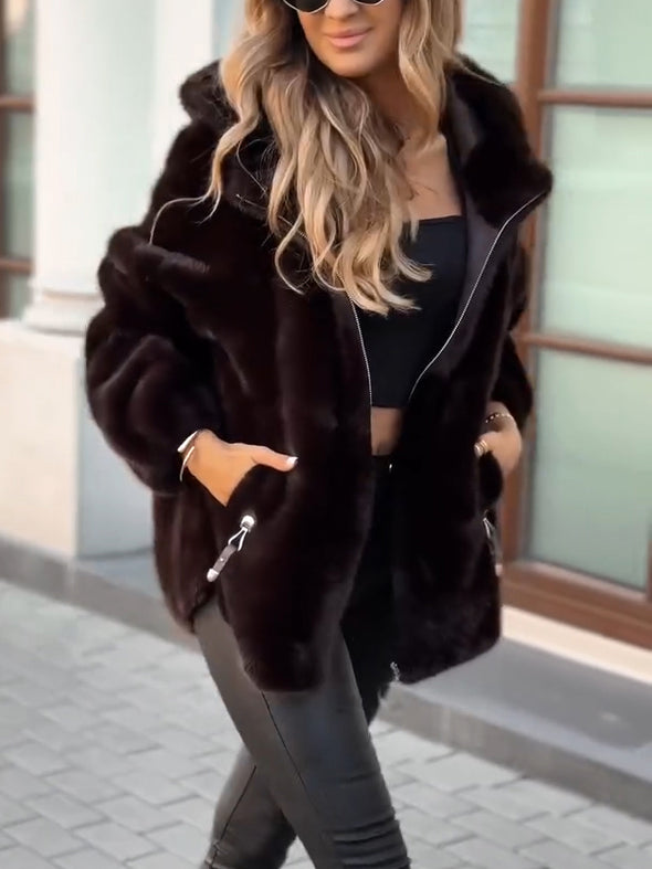 Womens Lapel Plush Zipper Casual Coat