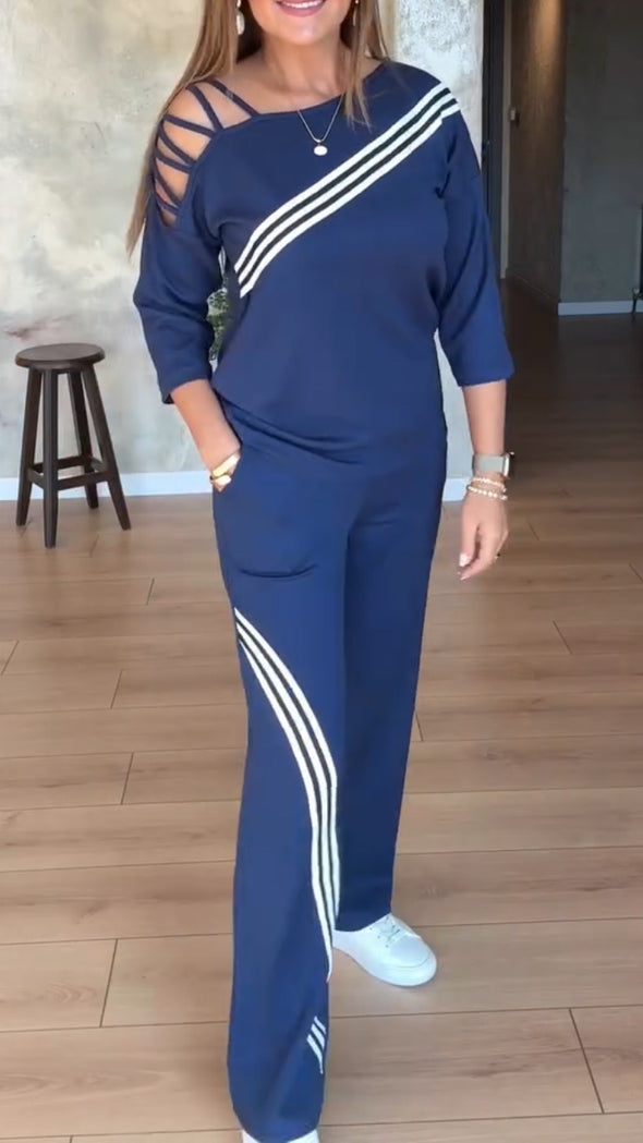 Womens Striped Hollow Casual Suit