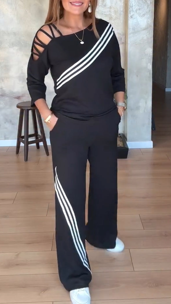 Womens Striped Hollow Casual Suit