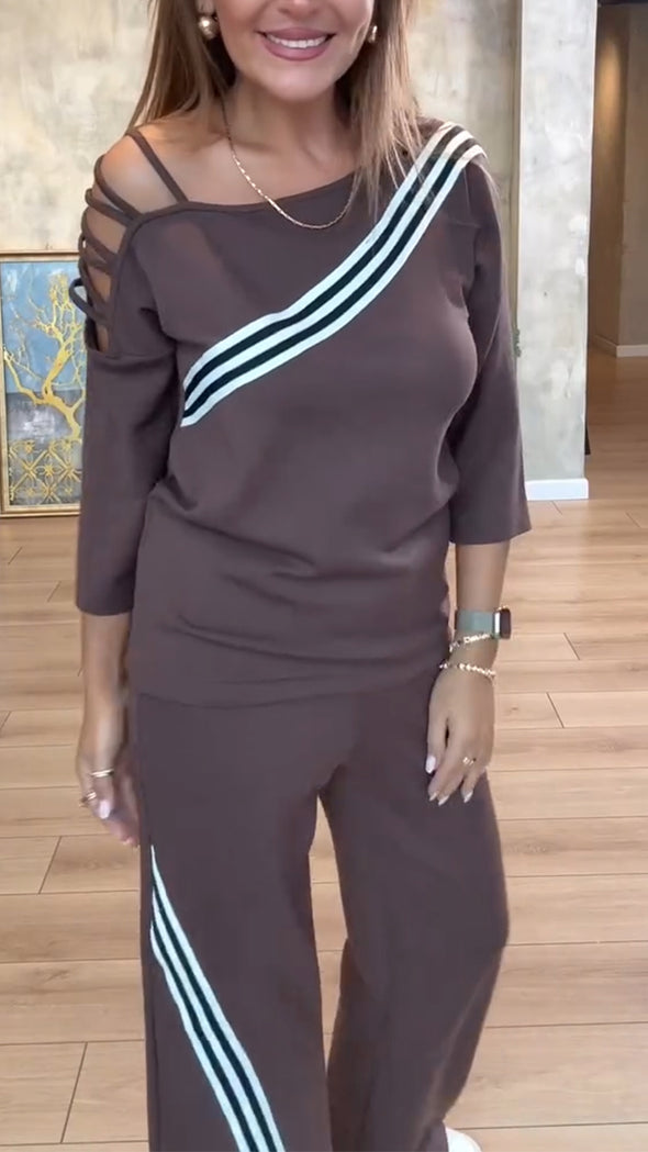 Womens Striped Hollow Casual Suit