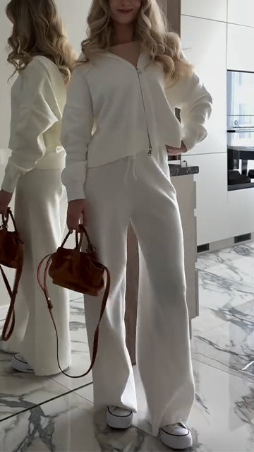 Womens Round Neck Hooded Zip-up Top + Pants Casual Suit