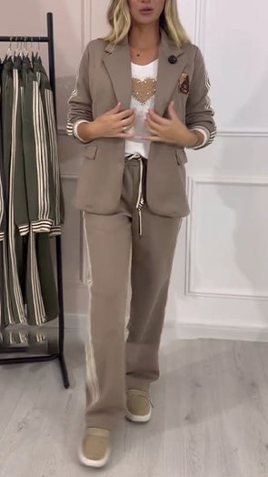 Women Lapel Vertical Striped Jacket + Pants Commuter Suit
