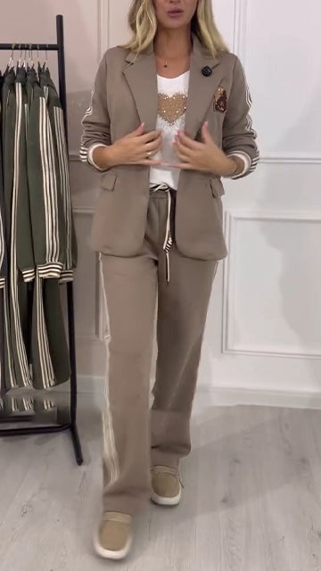 Women Lapel Vertical Striped Jacket + Pants Commuter Suit