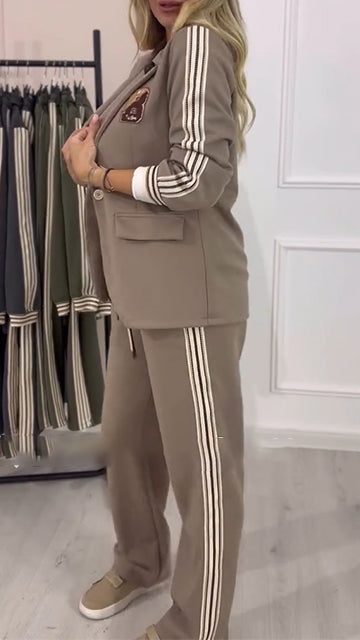 Women Lapel Vertical Striped Jacket + Pants Commuter Suit